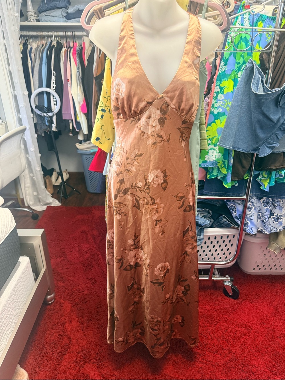Rowa y2k Sleeveless Floral Satin Maxi Dress in Copper